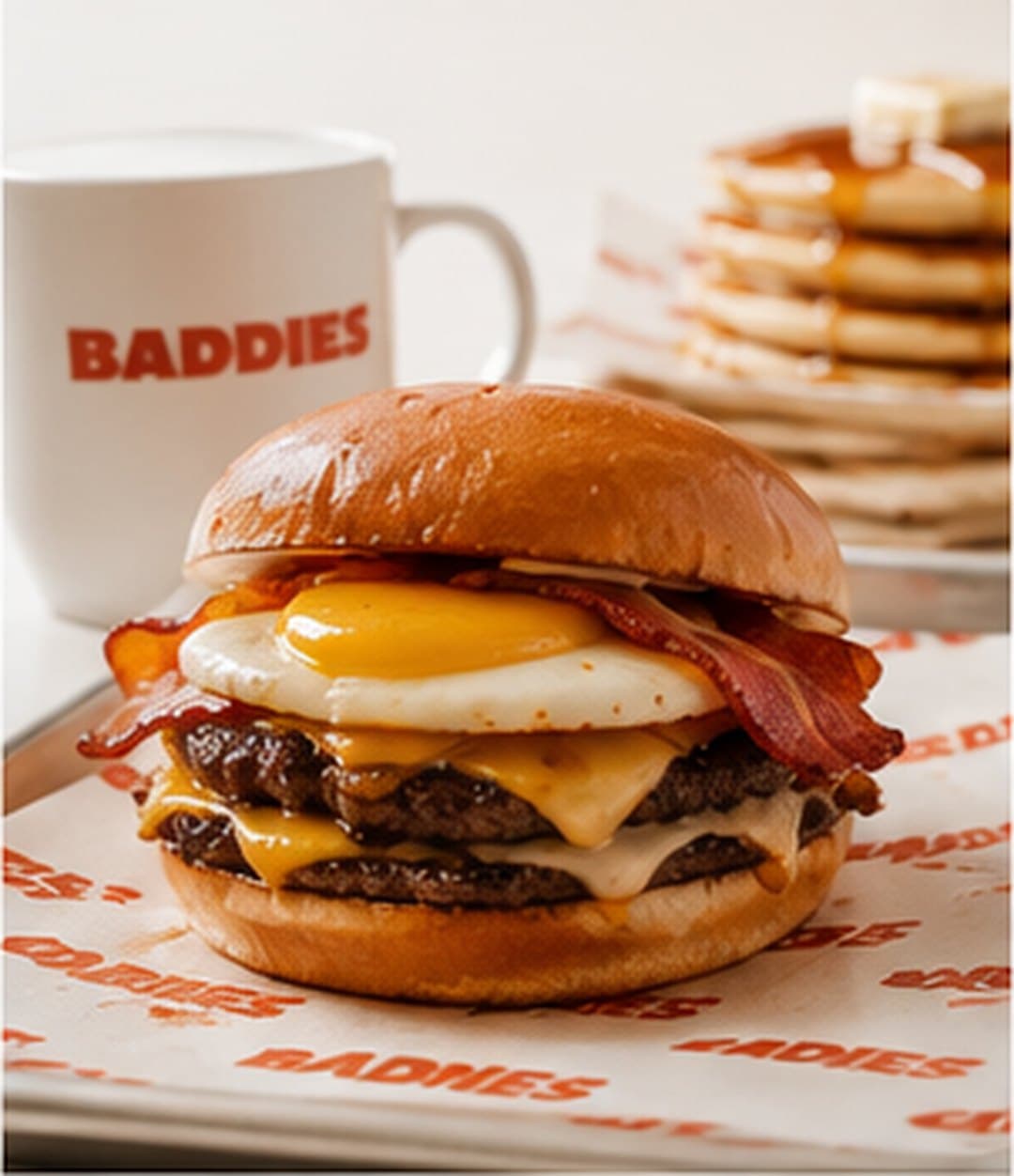 A BADDIES breakfast burger: a fried egg, beef bacon and melted cheese on a double patty, a BADDIES mug behind