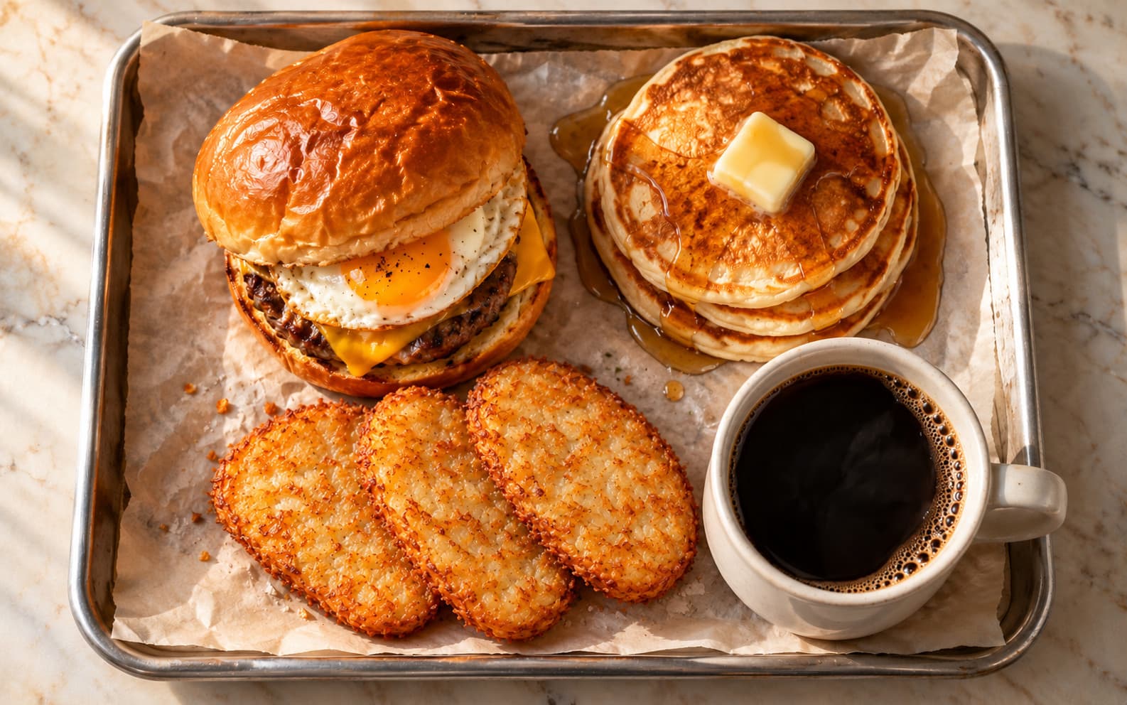A breakfast tray from above: a burger with a fried egg, buttermilk pancakes, hash browns and a cup of black coffee