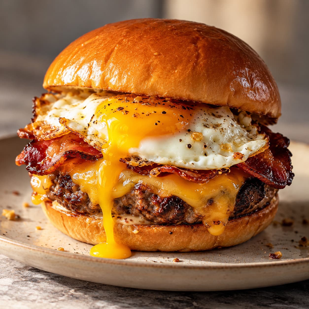 A breakfast burger with a runny fried egg, melted cheese and crisp beef bacon on a brioche bun