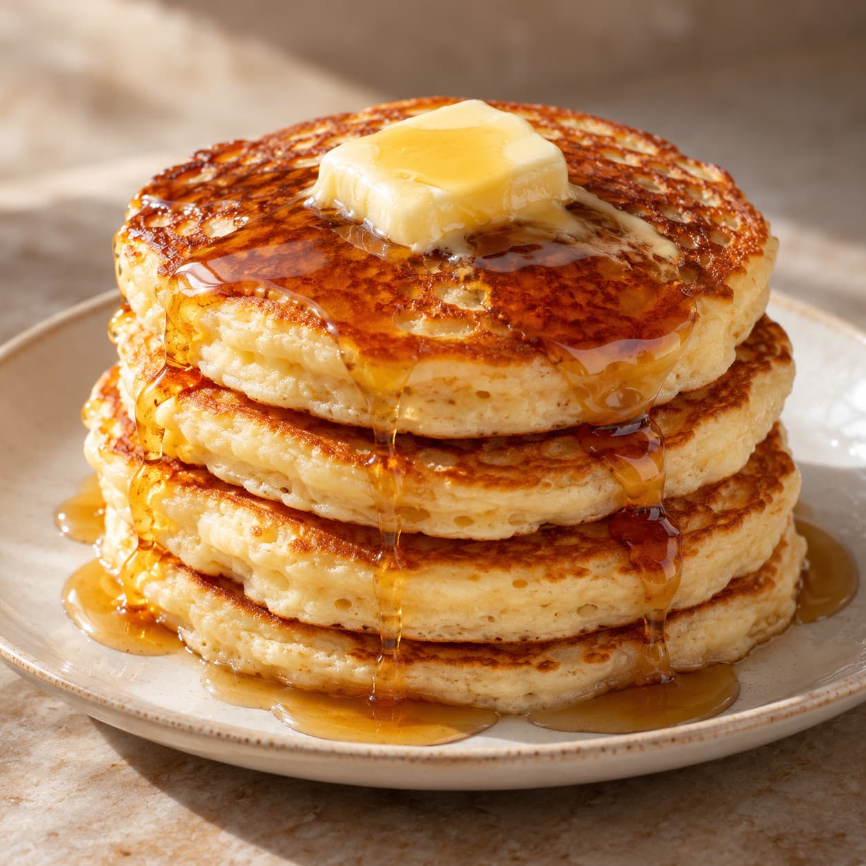 A tall stack of buttermilk pancakes with melting butter and syrup running down the sides