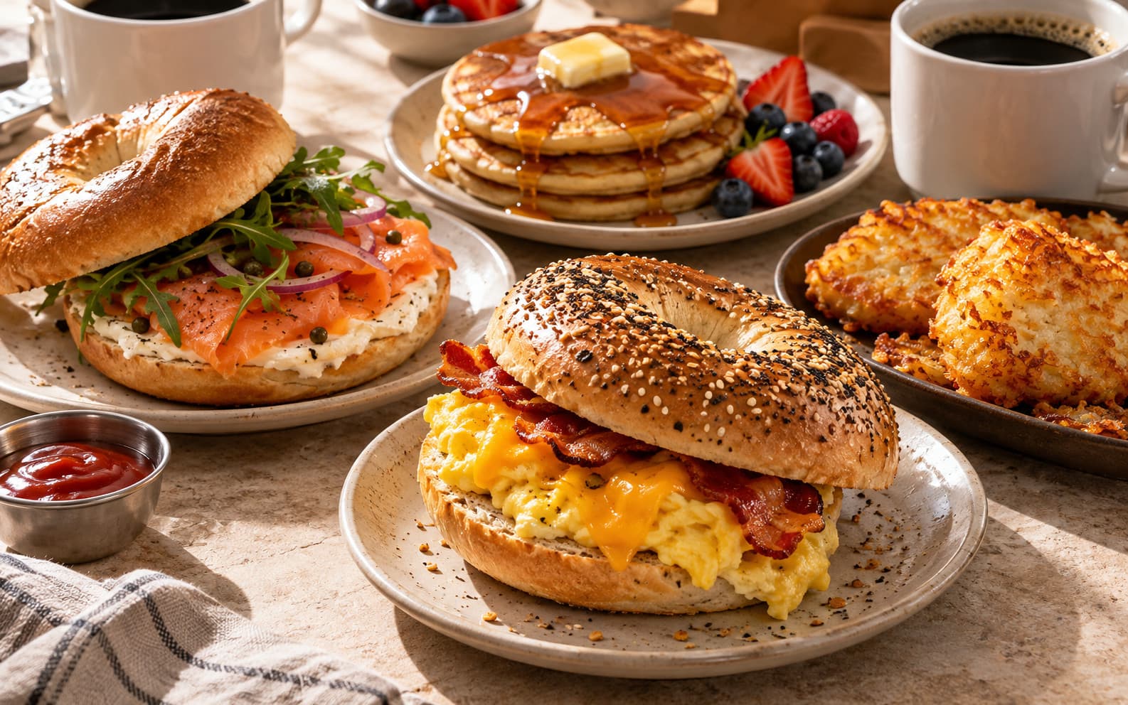 A breakfast spread: an egg and bacon bagel, a smoked salmon bagel, pancakes with berries, hash browns and coffee