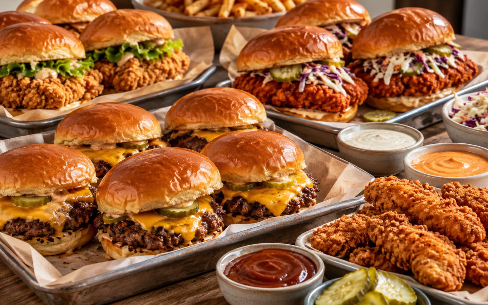 Trays of smash sliders and crispy chicken sandwiches with chicken tenders, pickles and dips