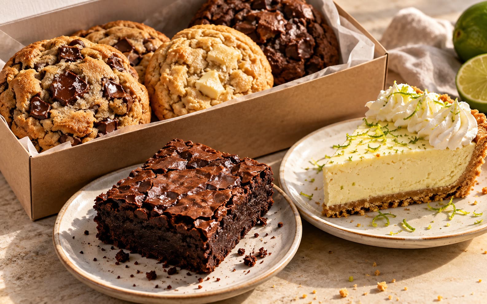 A box of cookies beside a brownie and a slice of key lime pie